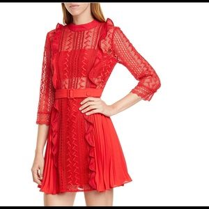 NWT Self-portrait Lace Detail Belted Mini Dress In Red